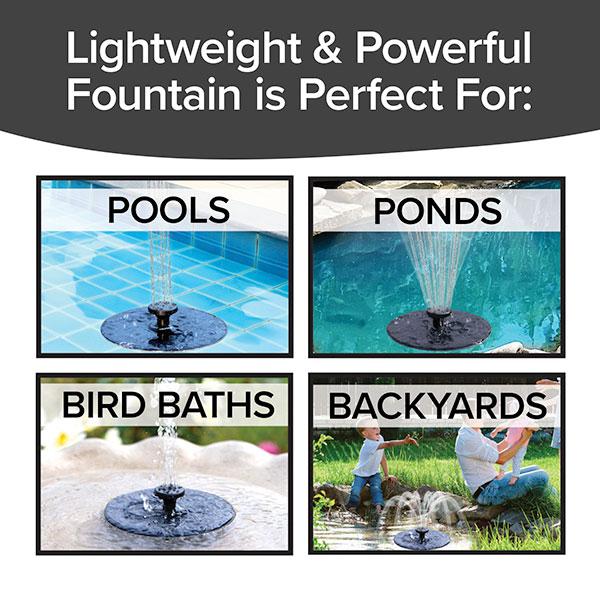 4 images of Fast Fountain by Pocket Hose in different  outdoor settings; pool, pond, bird bath, and a backyard. Text says Lightweight & Powerful Fountain is Perfect For: Pools, Ponds, Bird Bath, Backyards