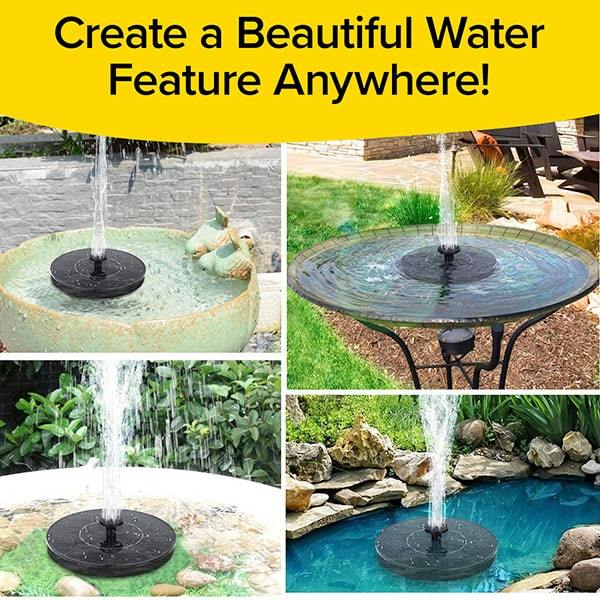 4 images of Fast Fountain by Pocket Hose in different outdoor settings; bird baths, pond, fountain. Text says 