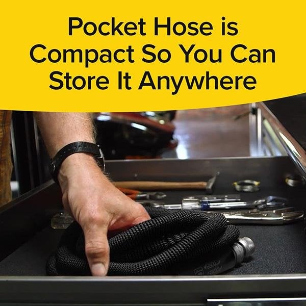Close up of man putting Pocket Hose Silver Bullet into drawer. Text says Pocket Hose Is Compact So You Can Store It Anywhere