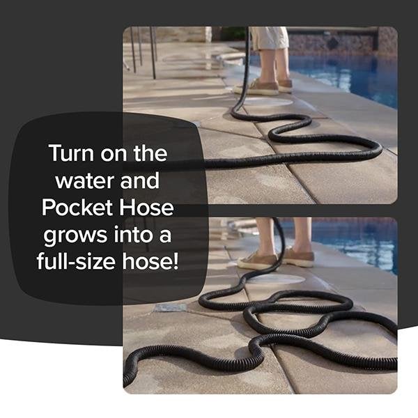 Before and after of Silver Bullet growing with water. Text says turn on the water and Pocket Hose grows into a full size hose